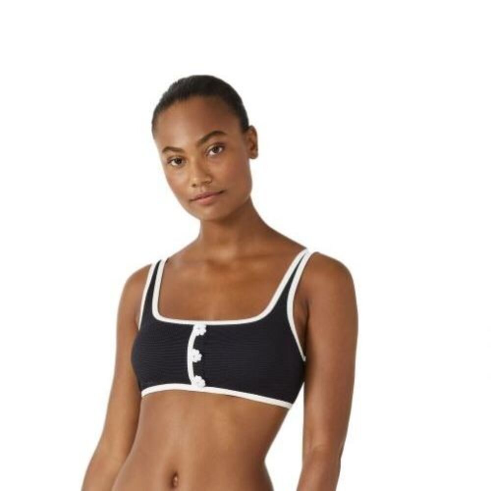 Kate Spade New York Contrast Pique Square Neck Bikini Top Black White NWT Small
